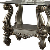 26" Antiqued Platinum Polyresin Scroll And Clear Glass Square End Table With Shelf