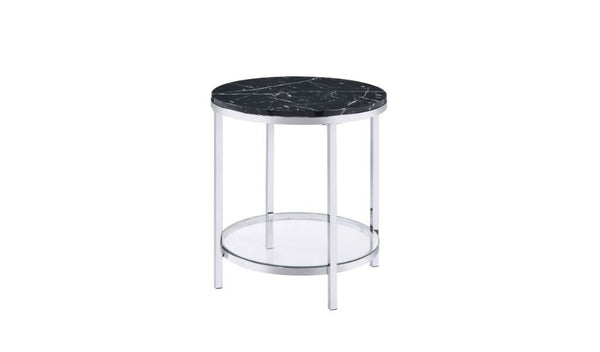 25" Chrome And Black Faux Marble And Metal Round End Table With Shelf