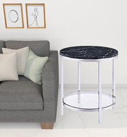 25" Chrome And Black Faux Marble And Metal Round End Table With Shelf