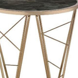 24" Champagne And Black Faux Marble Glass And Metal Round End Table