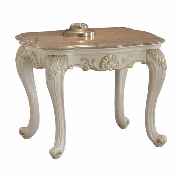 24" Pearl White Brushed With Gold Accents And Light Brown Marble End Table