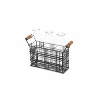 8" Set of Three Glass Bottles in Black Wire Basket