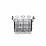 8" Set of Three Glass Bottles in Black Wire Basket