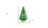 12" Green And Gold Glass Christmas Tree  Sculpture