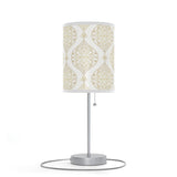 20" Silver Table Lamp With Gold And White Filigree Scroll Cylinder Shade