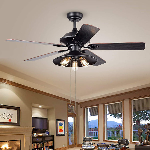 Upille 52 inches Indoor Black Finish Hand Pull Chain Ceiling Fan